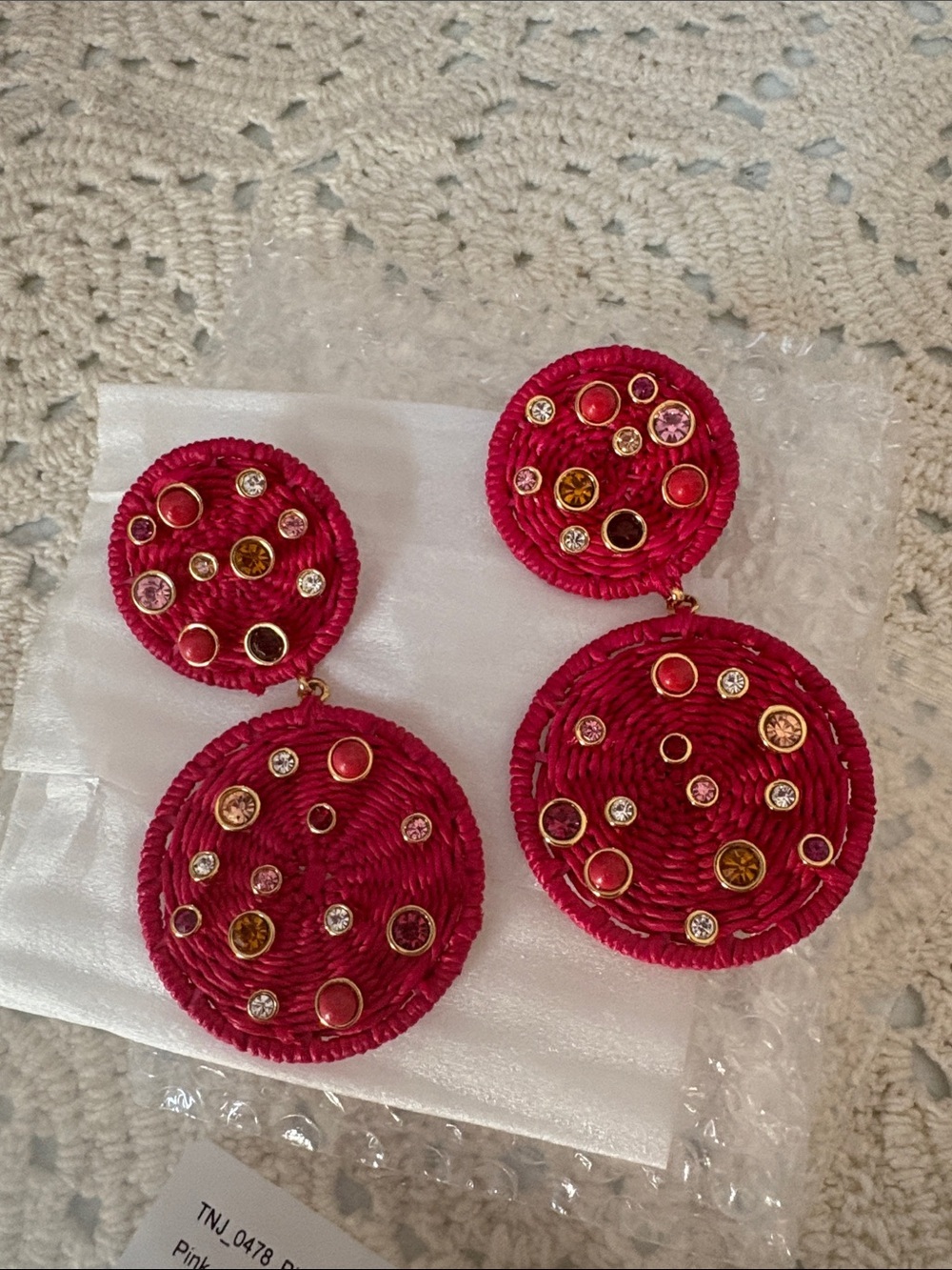 Tuckernuck NWT Raffia Gemstone Drop Earrings Pink Statement Embellished - Picture 4 of 6